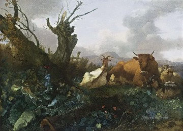 Willem Romeijn vache chèvres et moutons dans une prairie Peinture à l'huile